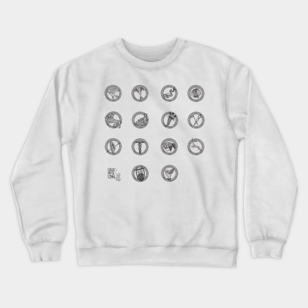 Greek Myth Comix - The Olympian Gods sacred symbols BW Crewneck Sweatshirt by GreekMythComix